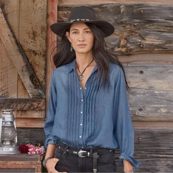 Sundance Tessa Blouse Pearl Snap Front Pleating Tencel Long Length size Large - Picture 8 of 8